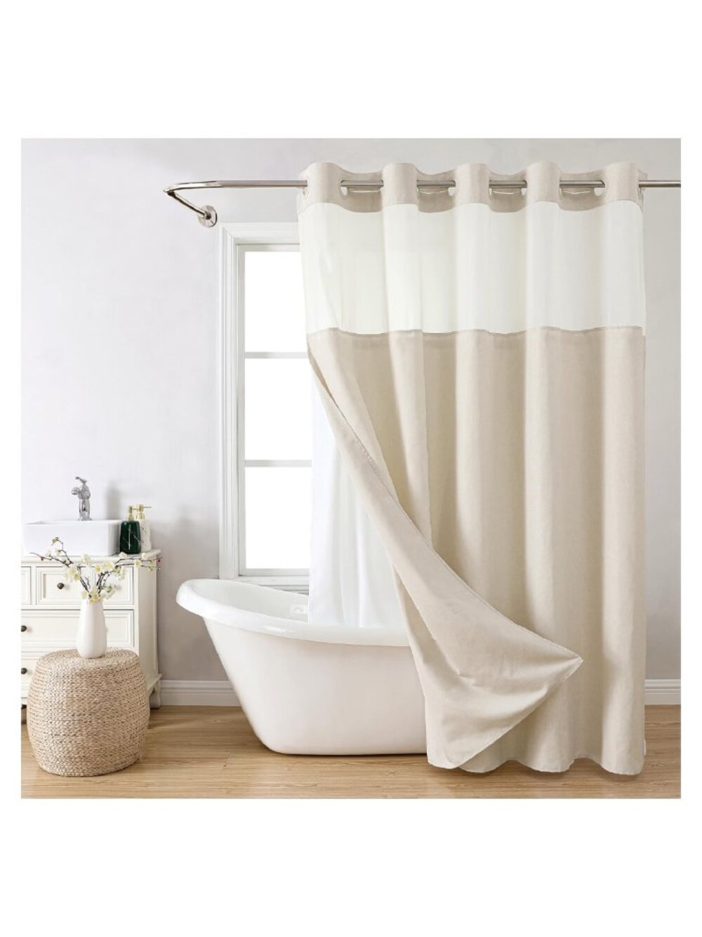 Polyester Textured Shower Curtain Set Snap-in Liner No Hooks